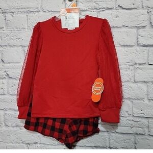 Wonder Nation Toddler Girls 3 Piece Holiday Shirt Skort Tights Set Red Plaid 4T